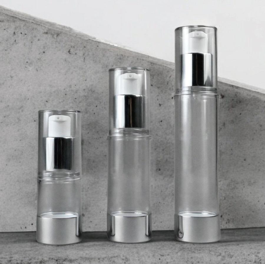 15ml 30ml 50ml PET Round Vacuum Bottle with Clear PET Cap Lid Shiny Silver Bottom PP Airless Pump