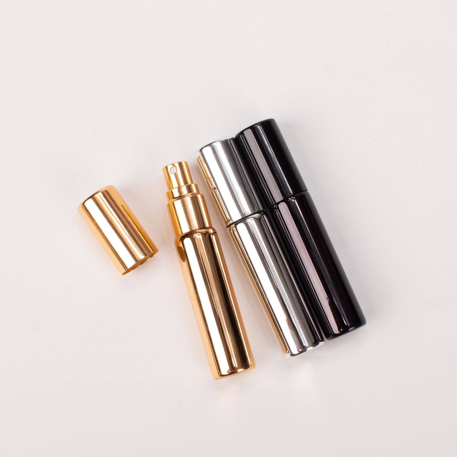Mini round 10ml Glass Perfume Bottle with Pump Sprayer Electroplated Gold/Silver/Black for Skin Care Cream and Fine Mist Spray