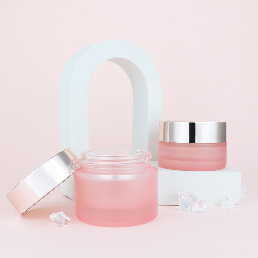 Luxury Round Cosmetic Glass Skin Care Face Cream Jar 50g Custom Frosted pink Empty Glass Cosmetic Jar