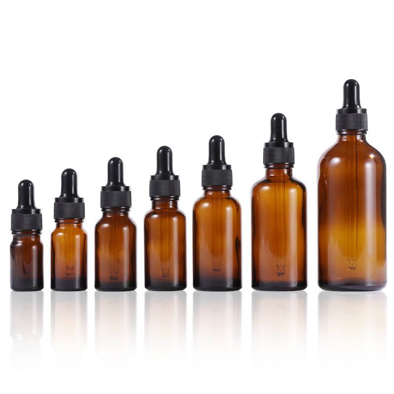 Wholesale 10ml 20ml 30ml Amber Glass Dropper Bottles Cosmetic Essencial Oil Serum Bottle With Black Dropper Cap