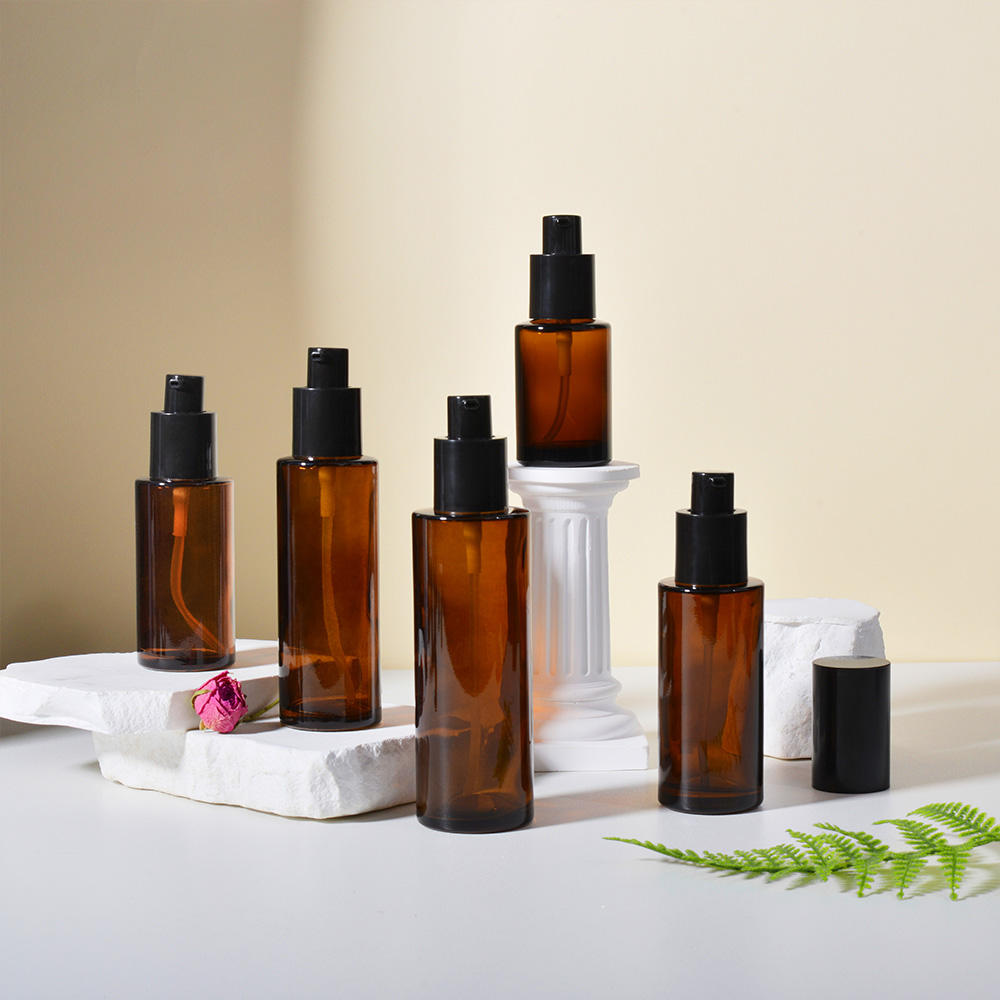 Wholesale Cosmetic Brown Lotion Pump Bottles 30ml 50ml 100ml 120ml 1oz 2oz 4oz Amber Glass Spray Bottles With Black Cap
