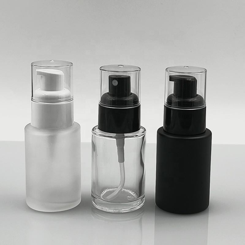 Eye Cream Facial Empty 30ml Flat Shoulder Clear Black Frosted Glass Cosmetic Toner Lotion Pump Bottle 1oz