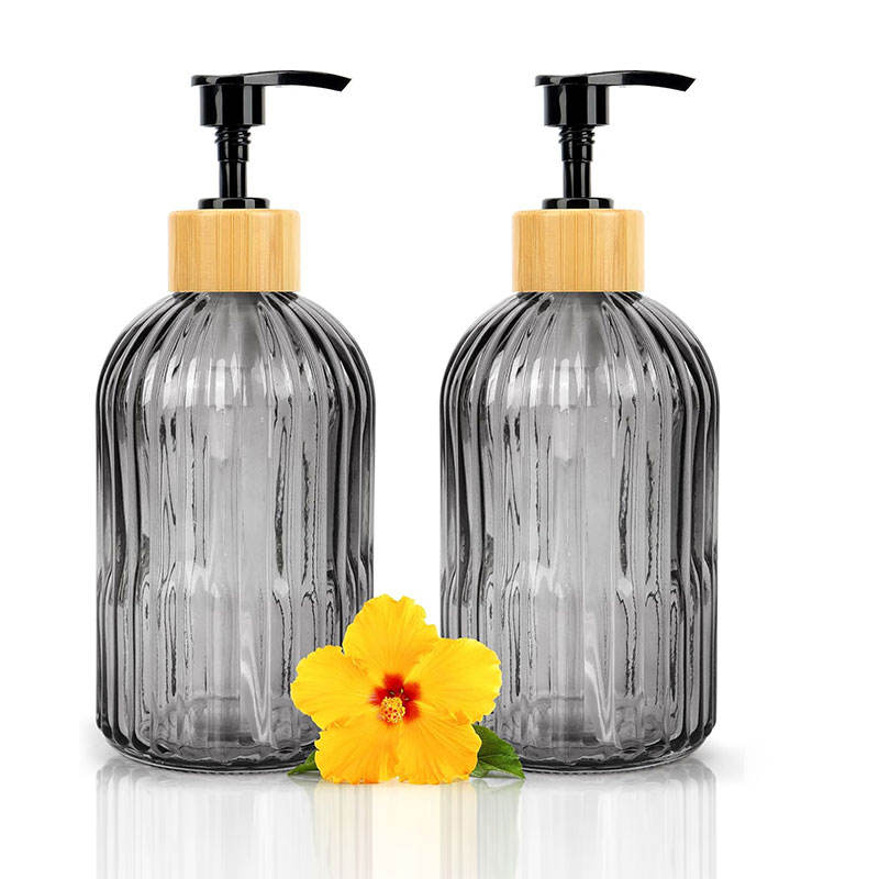 Glass Lotion Pump 400ml Vertical Gray Bamboo Wood Circle Press Pump Nordic Light Luxury Glass Lotion Hand Sanitizer Bottle