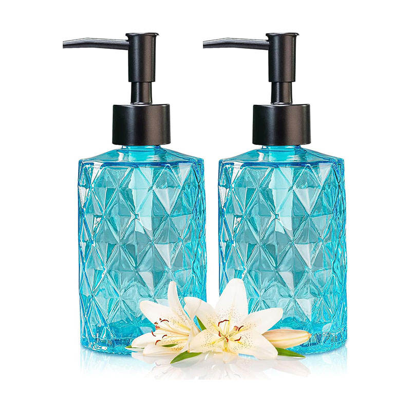 Nordic Simple 400ml Glass Hand Wash Bottle With Blue Pump for Household Shampoo Serum Sub-Bottling Gel Roll Cap and PP Collar