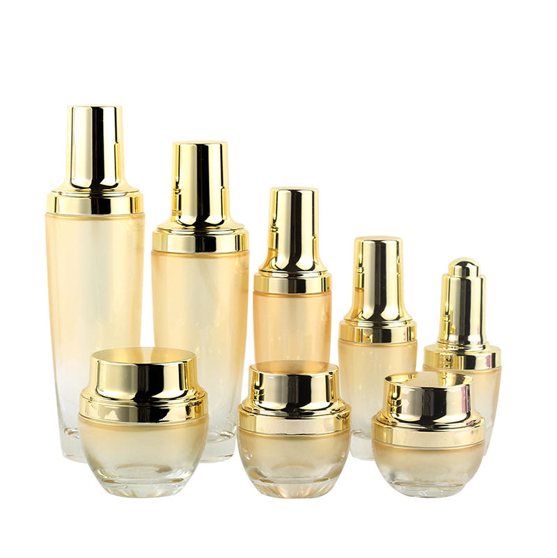 China Factory Environmentally Friendly Cosmetic Cream Serum Emulsion Skin Care Packaging Glass Bottle Set Gold and Silver Cap