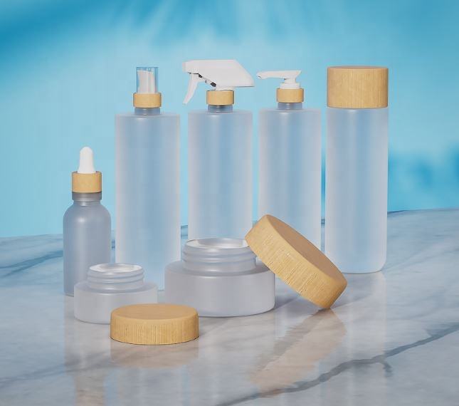 Bamboo Lid Frosted Custom 200ml Small Mini Glass Spray Dropper Cosmetic Skincare Bottle