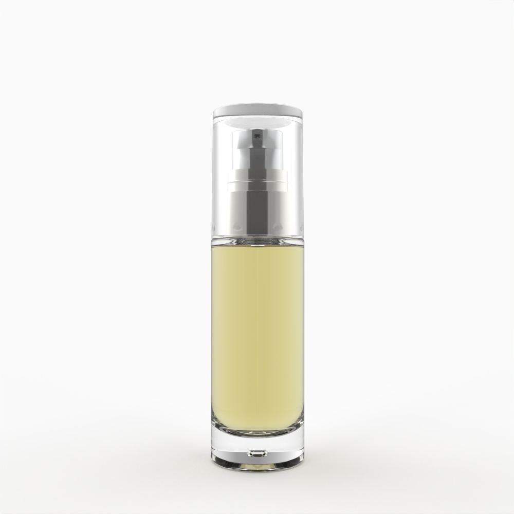 Premium 30ml Glass Bottle with Shiny Silver Pump Aria Luxe Transparent PETG Cap for High-End Makeup Packaging
