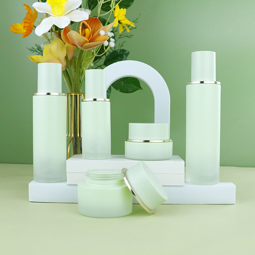 Green Glass Set Bottle With Pump and Dropper Glass Bottle Cosmetic Glass Bottle 100ml