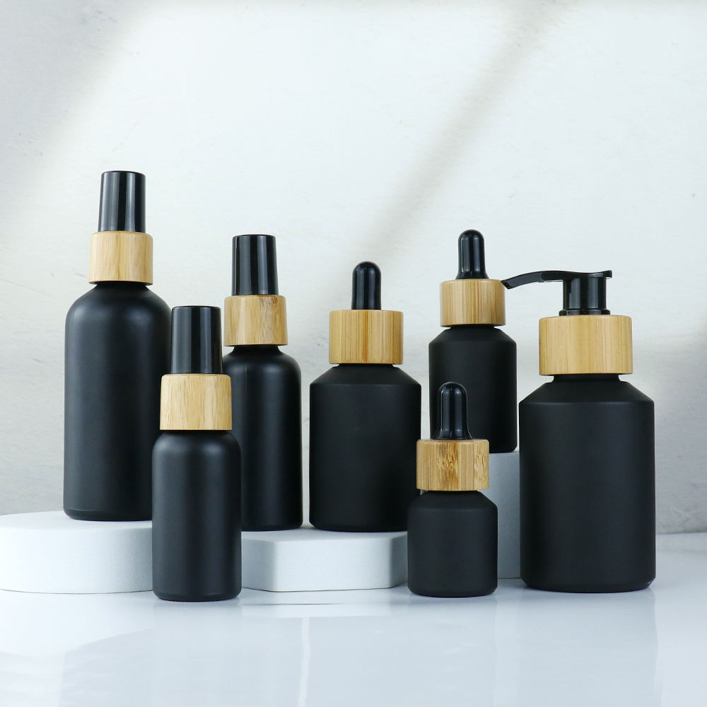 Black Matte Cosmetic Packaging Glass Bottle Set and Jar for Serum Essential Oil Lotion Face Cream Skin Care Balm With BambooLid