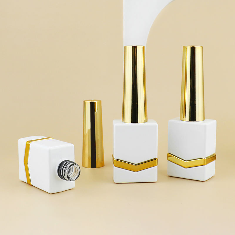 Creative 11ml White Empty Nail Polish Glass Bottle With Yellow Metal Patch