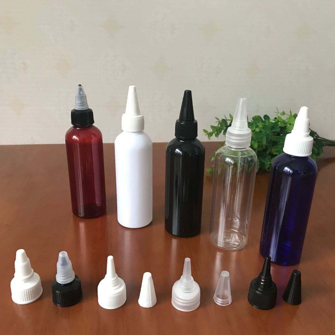 Hot Selling 100ml 120ml 200ml Plastic PET Pointed Hair Oil Nozzle Clear Squeeze Bottles With Twist Caps