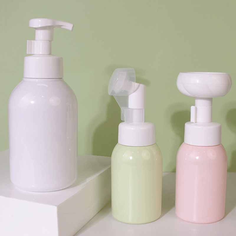 250ml 500ml Flower Shaped Foaming Facial Cleanser Bottle with Custom Color PET Plastic Shower Gel Bottle for Cosmetic Packaging