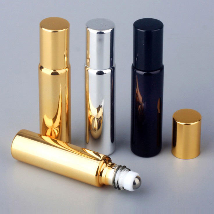 Low MOQ 5ml 10ml Gold Silver Black Round Cylinder Roller Ball Packaging Eye Cream Perfume Oil Container Glass Roll on Bottle