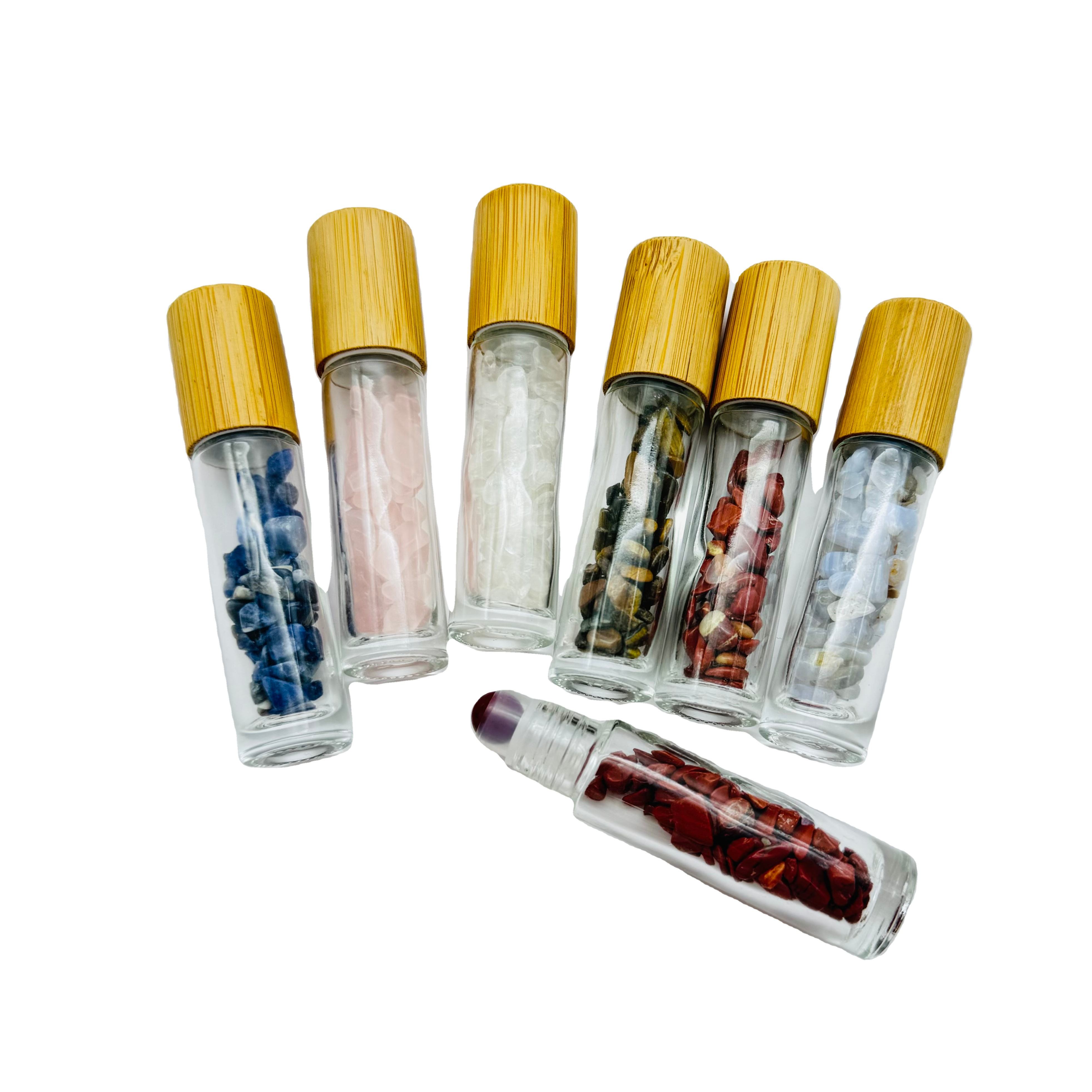 Refillable Cosmetic Perfume Glass Roll on Bottle Colorful Essential Oil 10ml Glass Bottle With Stone Roller Ball and Bamboo Cap