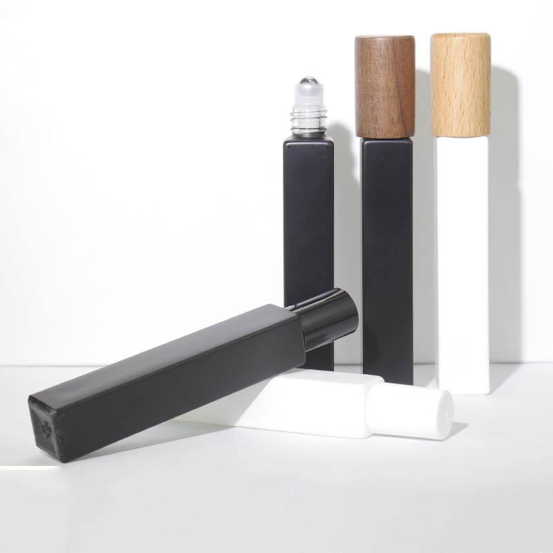 Wholesale 10ml Matte Black Perfume Roller Bottle Square 10 ml Empty Perfume Oil Bottles Roll on Glass Bottle with Wooden Cap