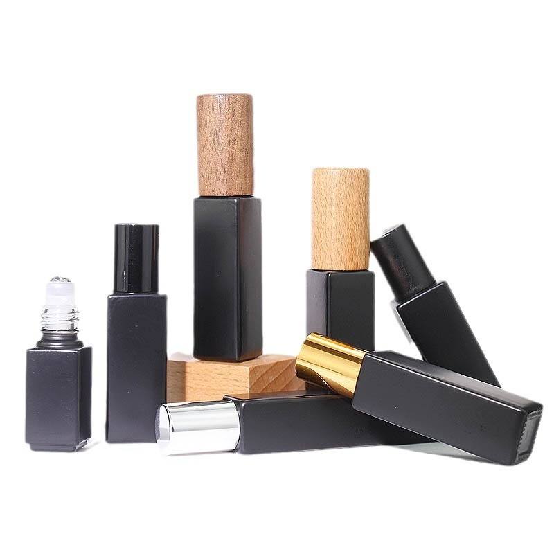 Wholesale 8ml Mini Black Glass Roller Bottle Empty square Shaped Roll on Essential Oil Bottles With Aluminum Caps