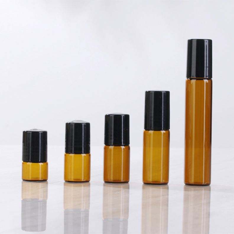 Mini Small 1 2 3 5 10 ml Amber Essential Oil Roller Glass Bottle With Stainless Steel Roll on Ball for Perfume Packaging