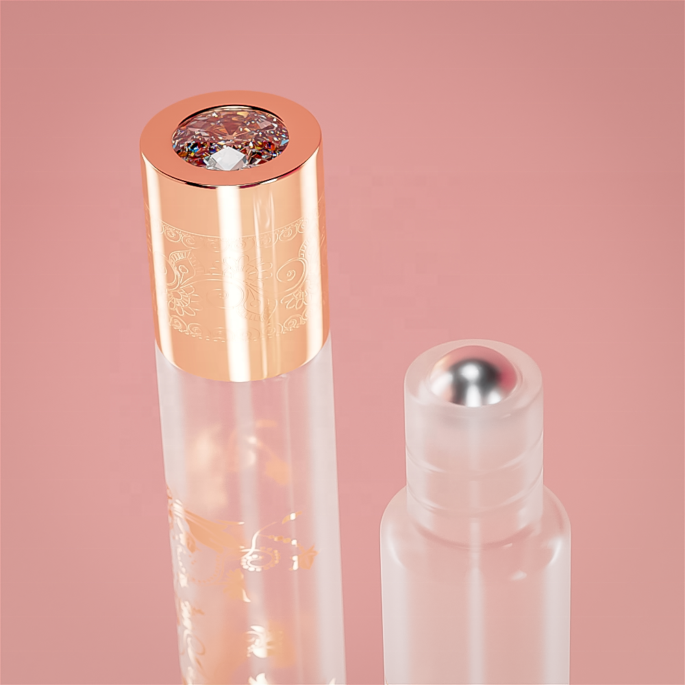 Refillable Glass Perfume Roller Bottle with Crystal Cap for Essential Oils | 10ml Rose Gold Roll On