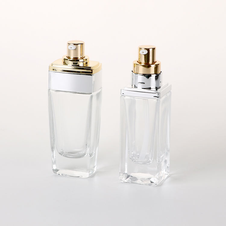50ml  Transparent square Glass Cosmetic Airless Pump Bottle With Lotion Pump