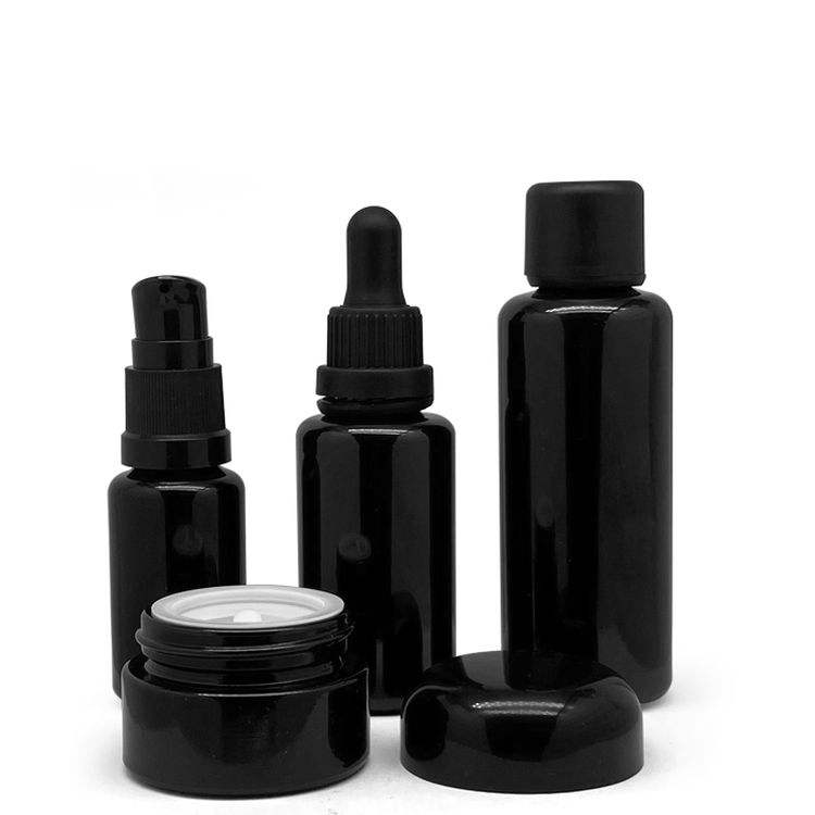 Matte Black Slant Shoulder Glass Cosmetic Lotion Pump Bottles 100g Glass Cream Jars Container