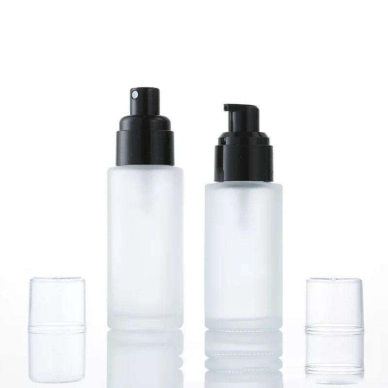 Cosmetic Frosted Empty Glass Oil Spray Serum Lotion Pump Bottle with Black Plastic Pump Head