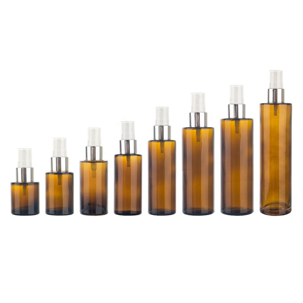 20/30/40/50/60/80/100/120ml Empty Cosmetic Amber Dumpy Glass Bottle Spray Pump Lotion Brown Bottle with Electroplate Sliver Head