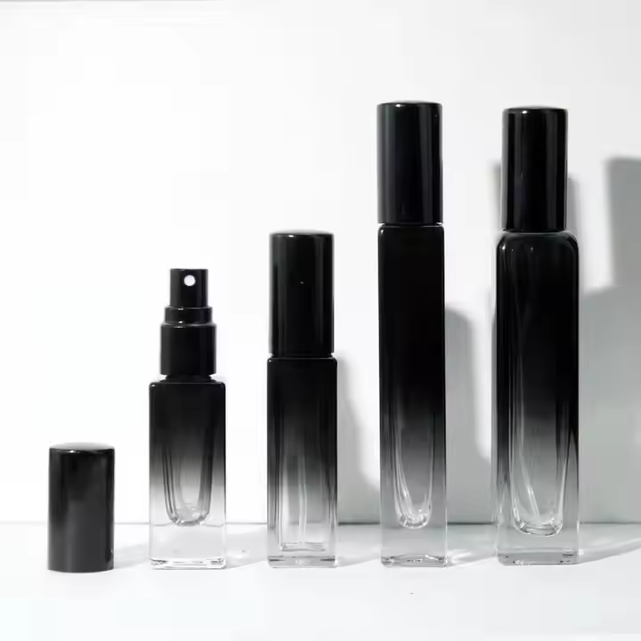 3ml 5ml 8ml 10ml 15ml Black Gradient Aluminium or Plastic Cover Spray Nozzle Empty Square Glass Perfume Bottle Vial with Sprayer