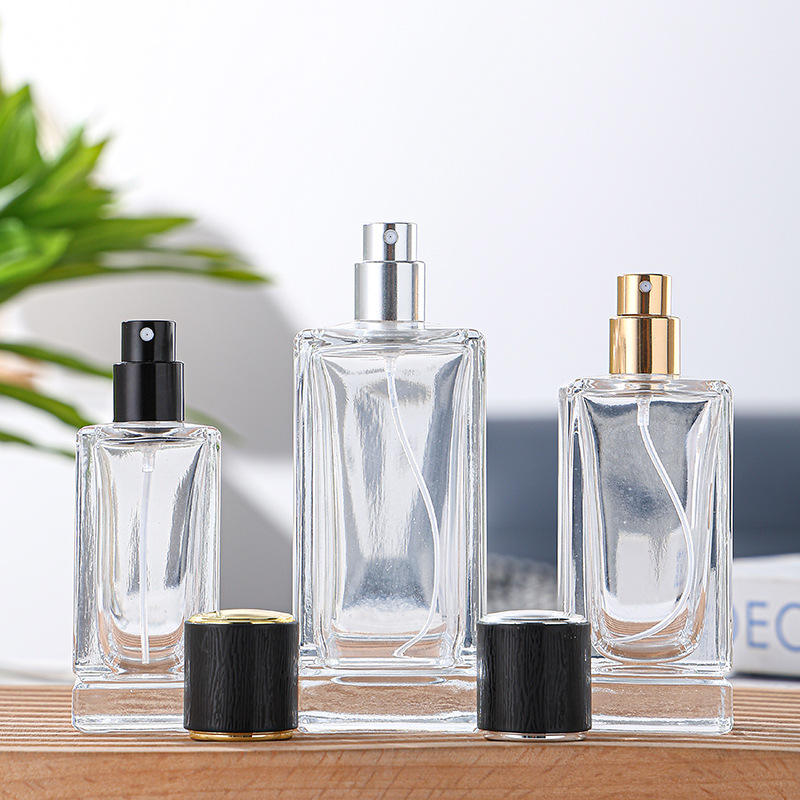 New Product 30ml 50ml 100ml Rectangle Vintage Portable Empty Spray Glass Square 50ml Black Perfume Bottle Screw Cap Plastic Lid