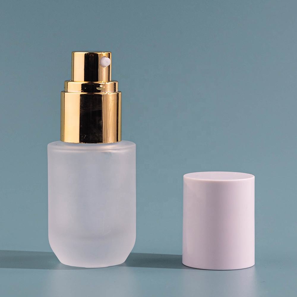 Popular Luxury 30ml 40ml 50ml Clear Frosted Cosmetic Glass Pump Bottle With Gold Pump Pink Lid for Skincare Lotion Packing