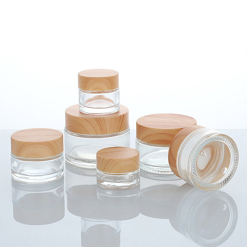 Cosmetic packaging transparent glass cream bottle with bamboo cover