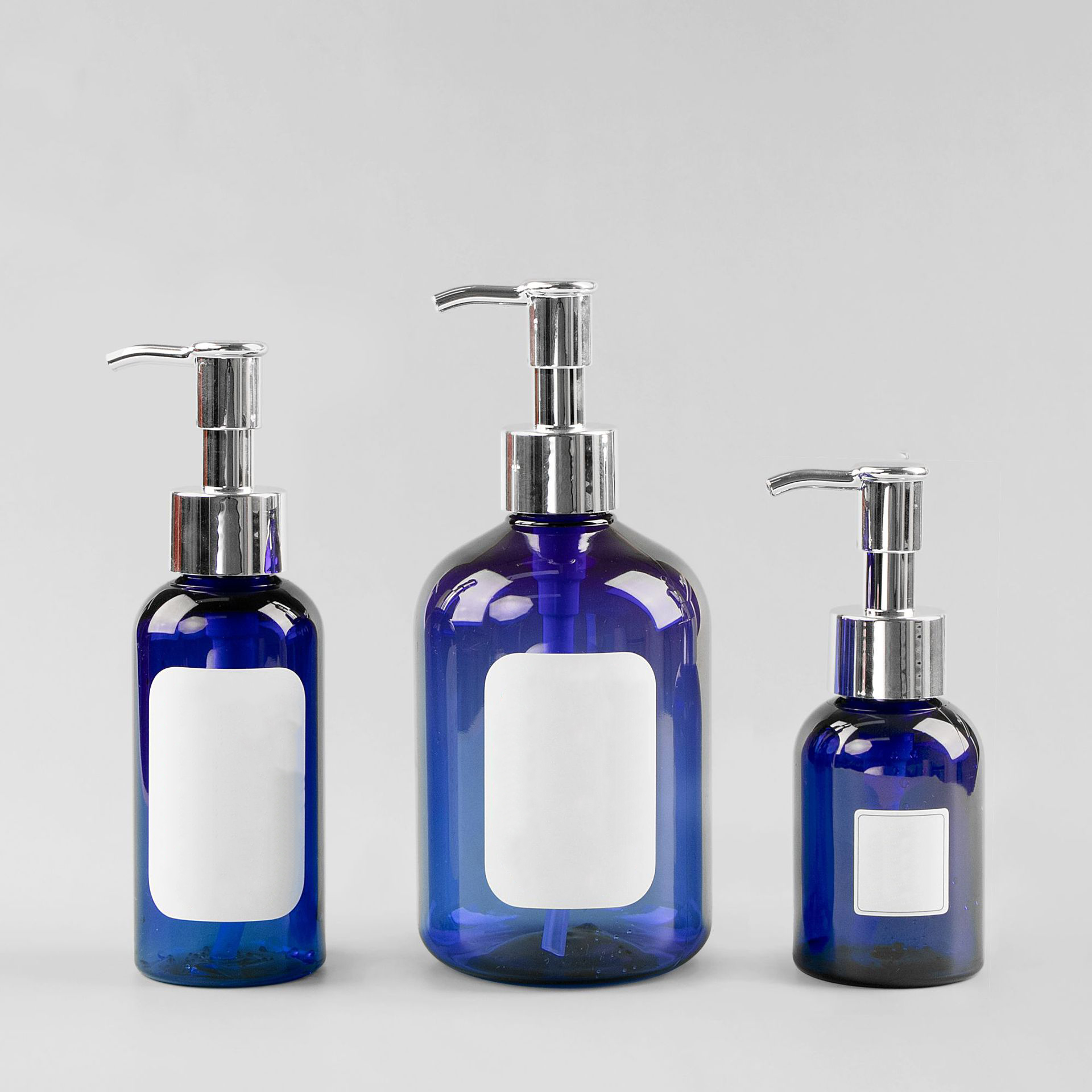 Household hand soap bottle 350ml blue round shoulder PET plastic press pump head bottle shampoo and shower gel bottle